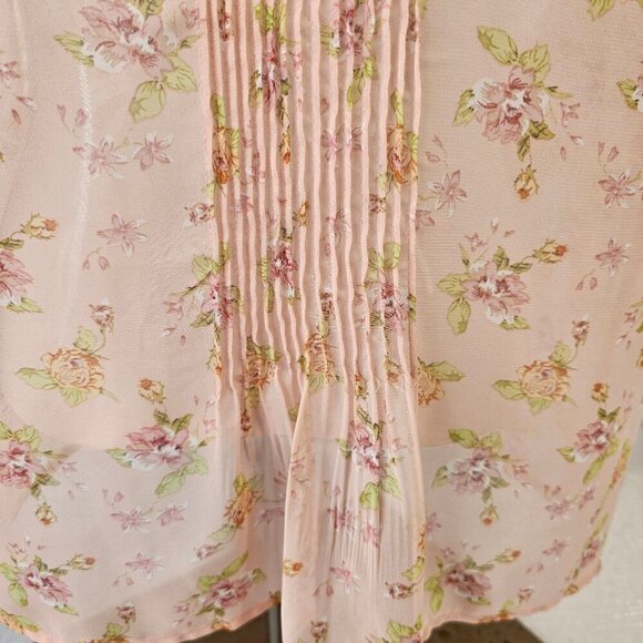 Daniel Rainn Sheer Pink Floral Blouse Size S Pleated Front Back Covered Buttons - Picture 8 of 11